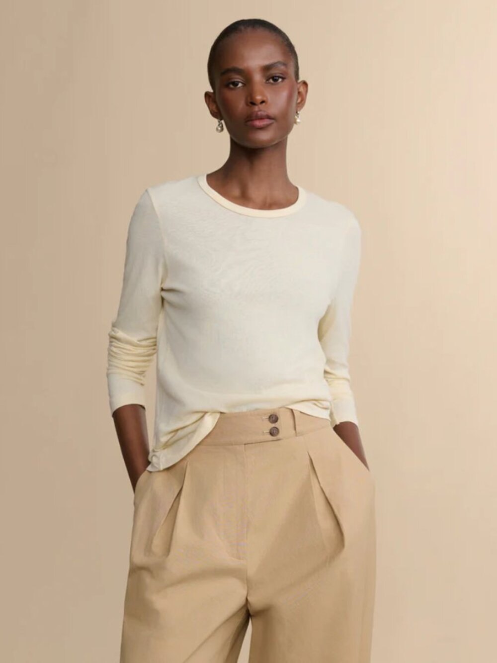 Jenni Kayne Long-Sleeve Slim Tee in Warm Ivory Size Small
